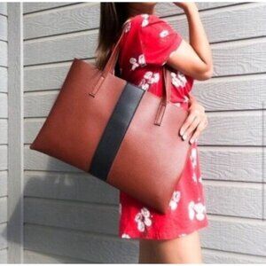 Vince Camuto Women's Luck Tote in Desert Red Two-Tone Brown Black 2 Top Handles
